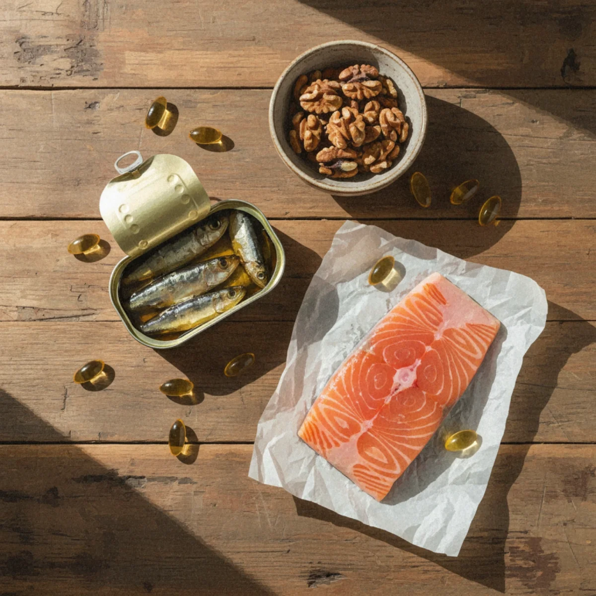Overhead flat-lay of omega-3 rich foods including sardines, salmon, walnuts, and fish oil capsules on a rustic wooden table