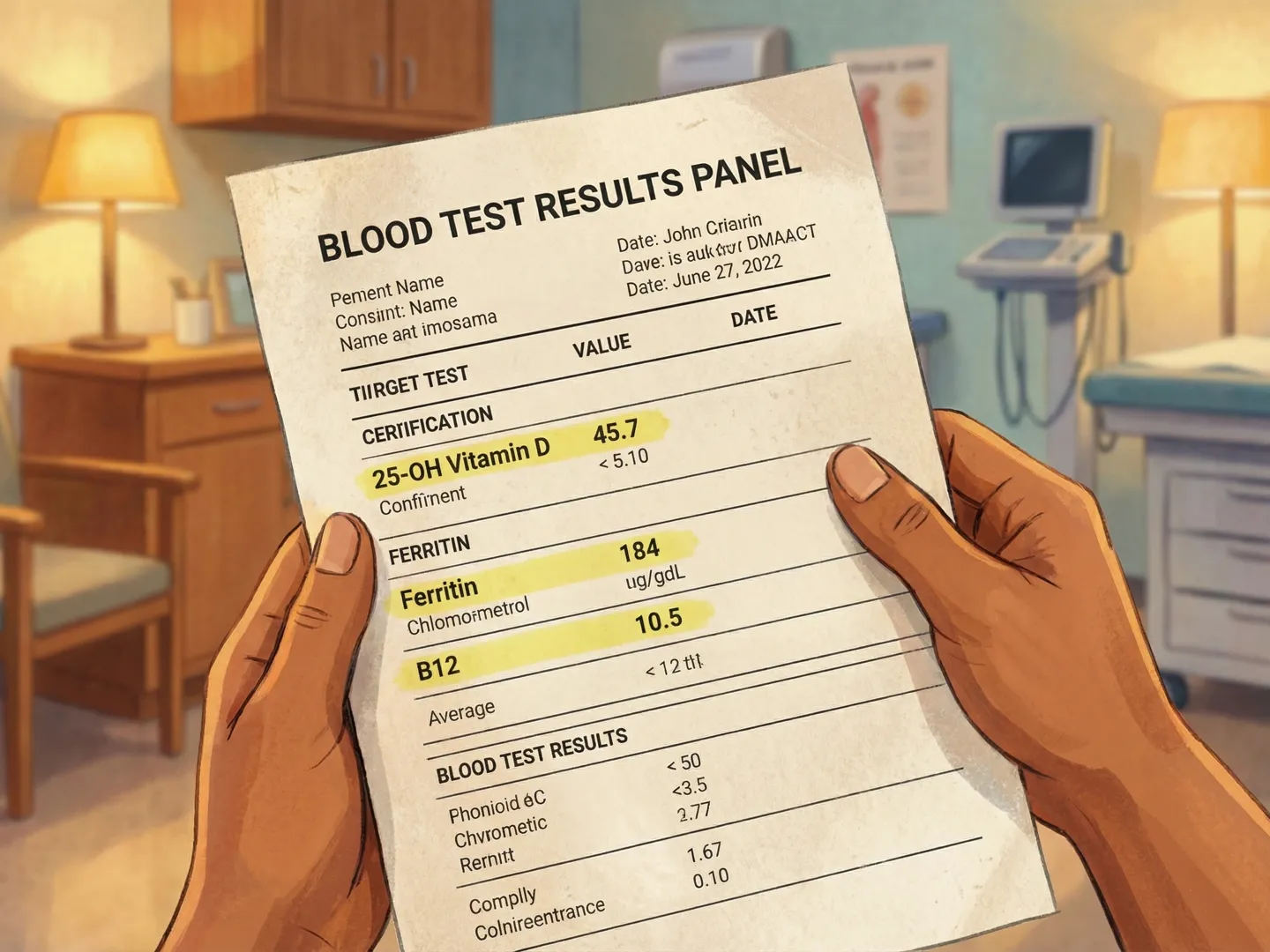 Hands holding a blood test results panel with vitamin D, ferritin, and B12 values highlighted