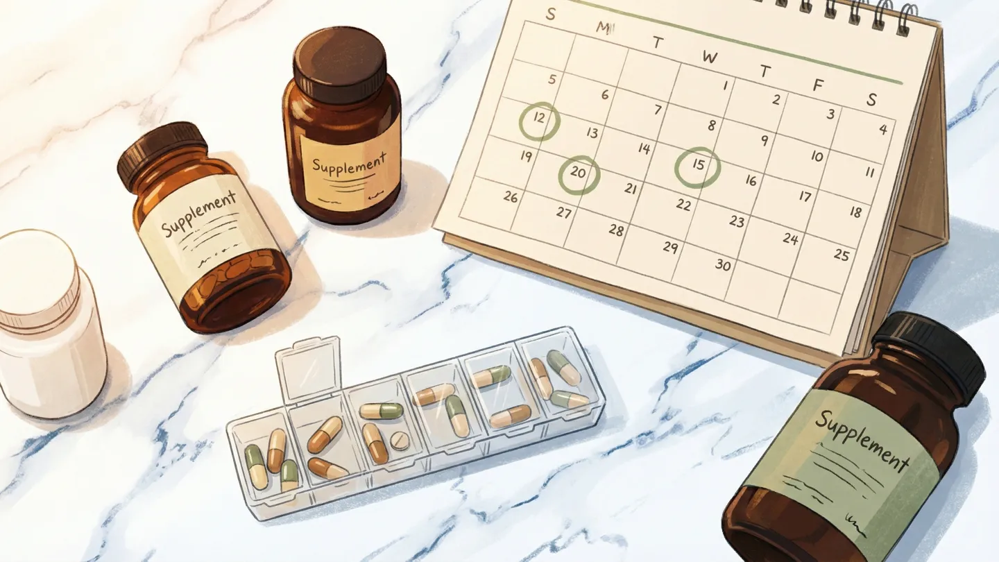 Neatly arranged supplement bottles beside a weekly pill organizer and a paper calendar on a clean white desk