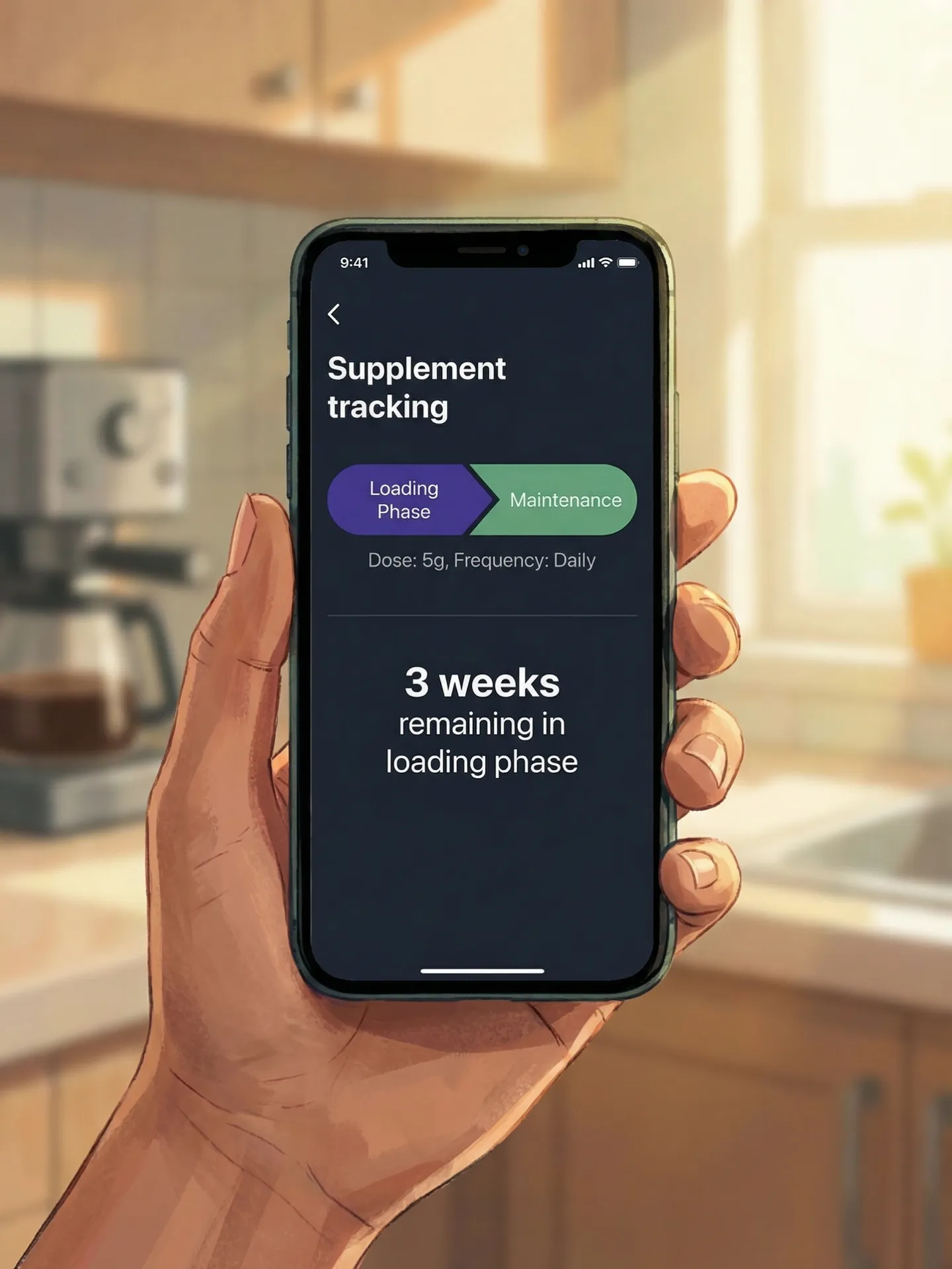 Smartphone displaying a supplement tracking app with loading phase to maintenance transition
