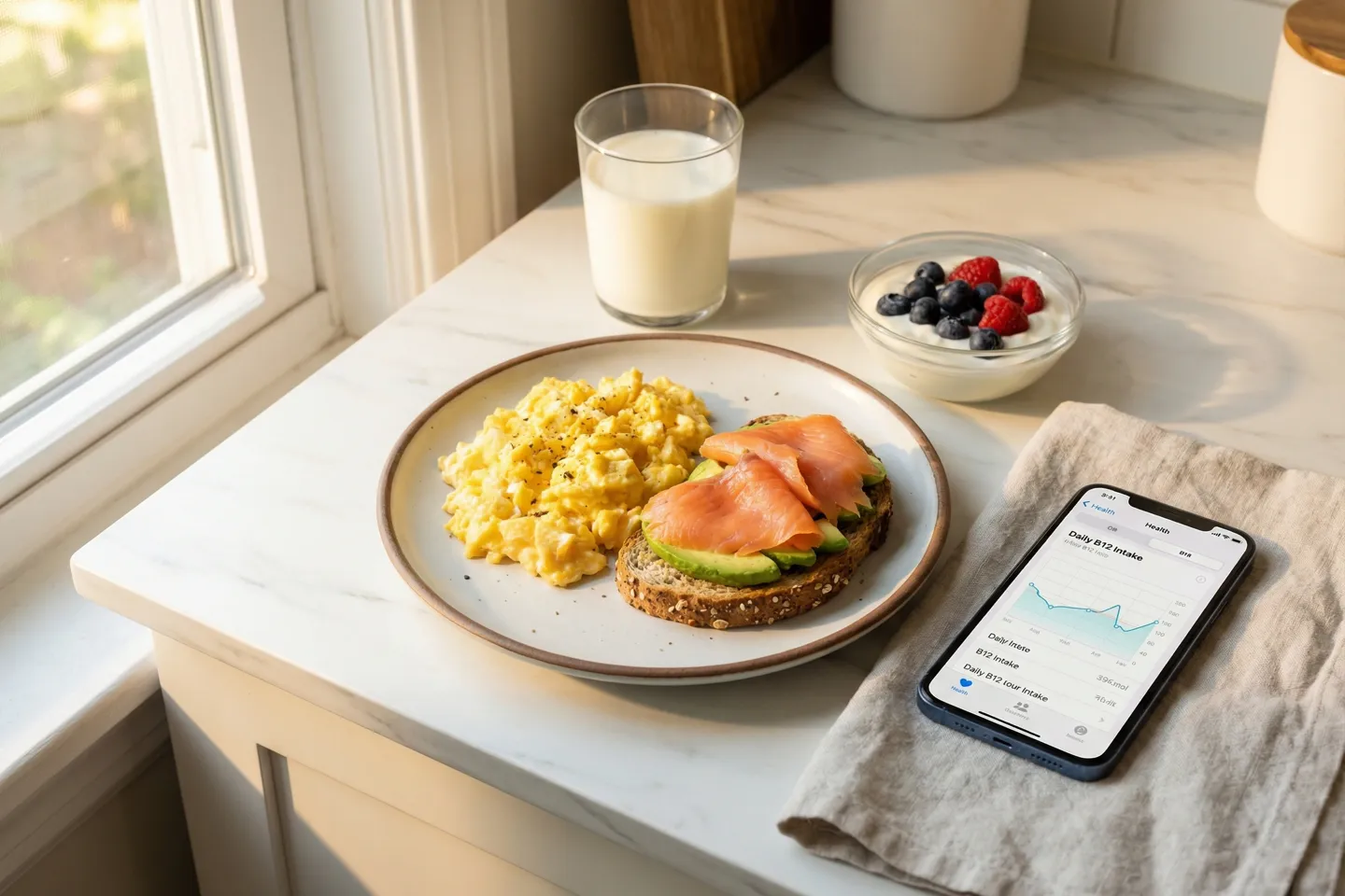 Morning breakfast scene with scrambled eggs, smoked salmon toast, milk, yogurt with berries, and a phone showing a B12 tracking app