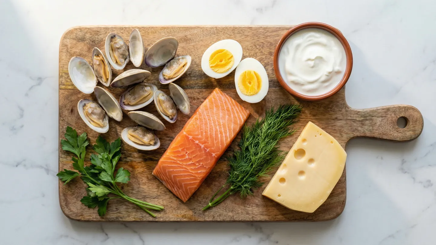 Overhead flat-lay of B12-rich foods including clams, salmon fillets, eggs, and yogurt arranged on a rustic wooden cutting board